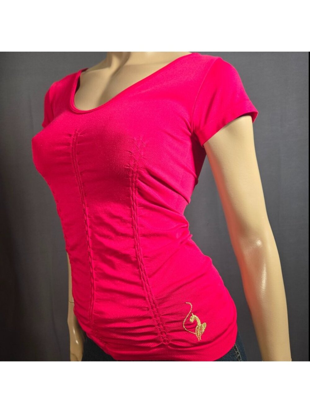 Y2K Baby Phat Red Top Stretchy One Size V neck T Shirt Embroidered Gold Cat Logo